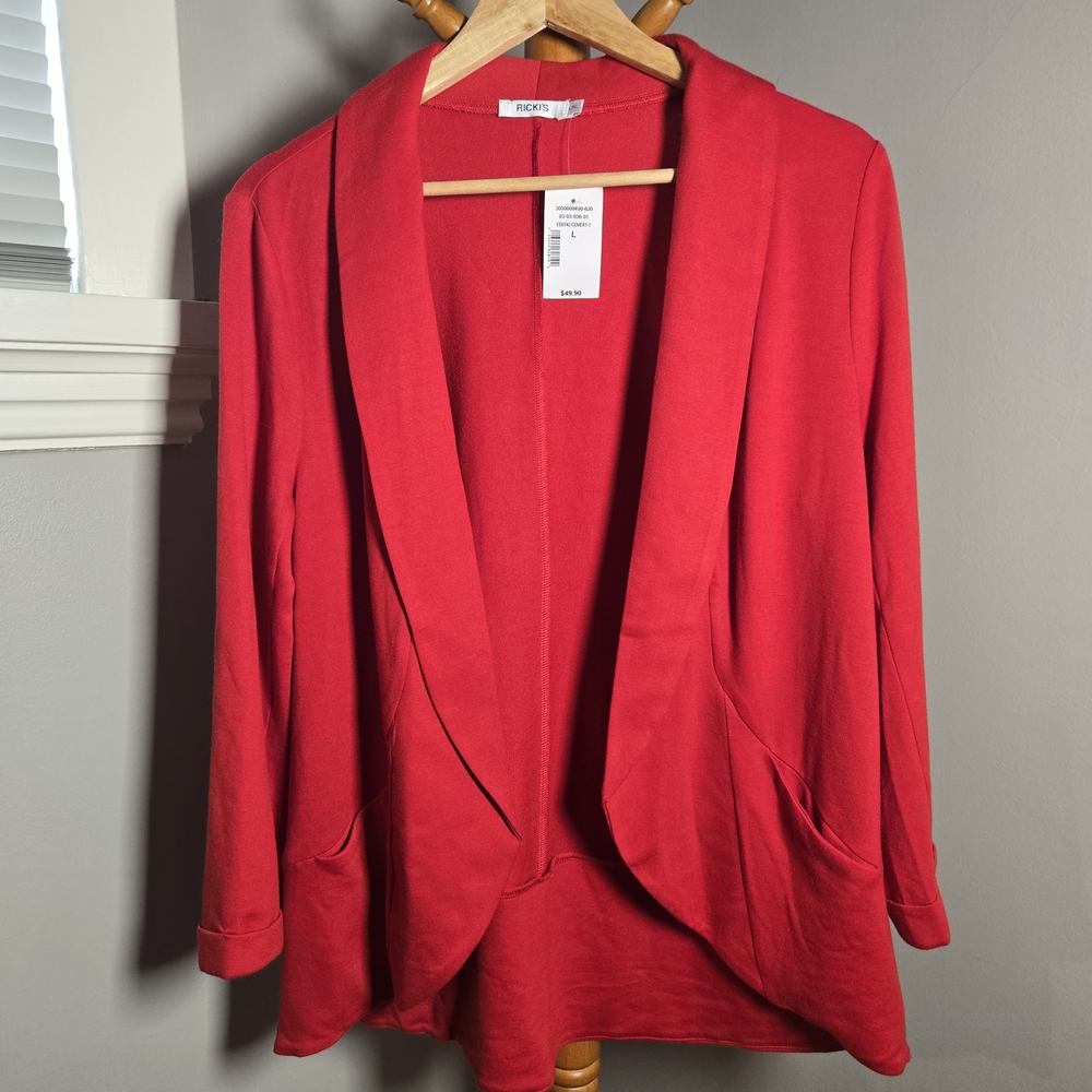 Rickis Large Blazer Open Cardigan Pockets Holiday Red BNWT
